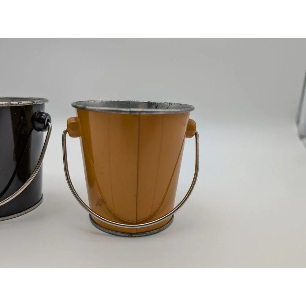 Vintage Halloween Metal Bucket Pail 2 Lot Pumpkin Black Cat Jack o Lantern Small
